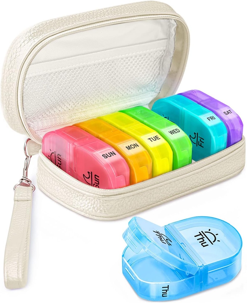 Cute Pill Organizer 2 veces al día, PU Caja de Pill de Pill para Mujeres, Caja de Píldora Semanal Portátil con Bolsa de Almacenamiento para Tener Vitaminas, Medicamentos, Aceites de Pesca, Suplementos (Beige)