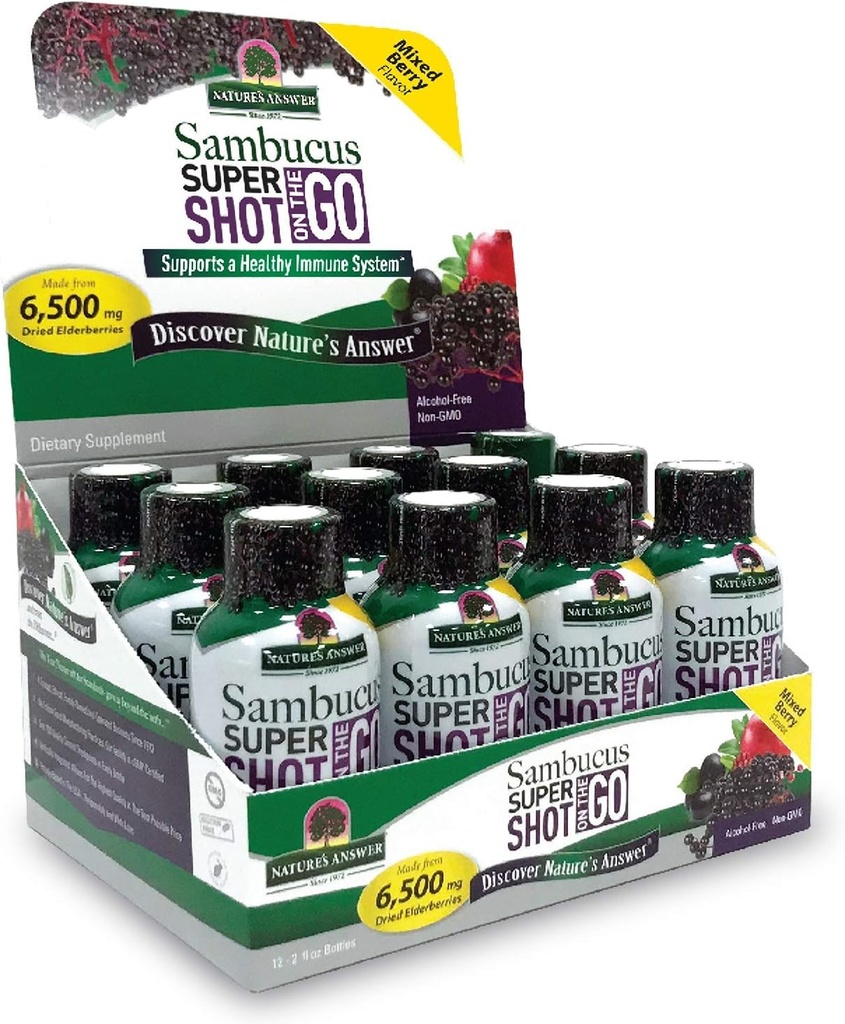 Nature's Answer Sambucus Immune Travel Shot (12 Pack) Elderberry on The Go. 2oz. Alcohol-Free Non-GMO Sambucus Black Elderberry Airplane/Travel Shot