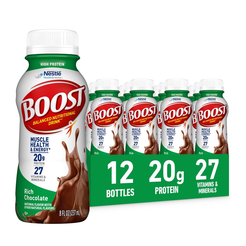 BOOST High Protein Listo para beber bebida nutricional equilibrada, Chocolate rico, 8 FL OZ (Pack of 12)