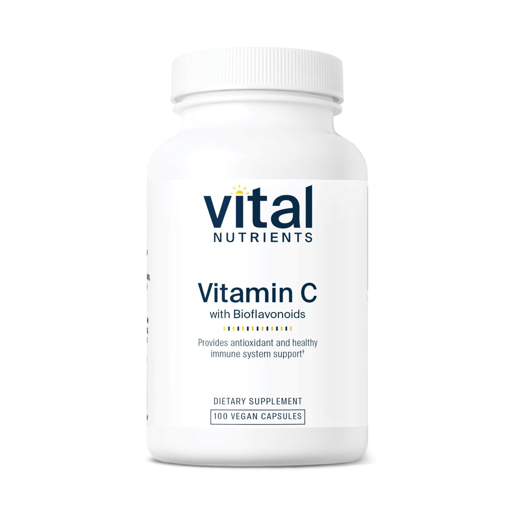 Nutrientes Vitales Vitamina C con Bioflavonoides ← Suplemento Vegan para Apoyo Inmunitario*  1000mg Vitamina C y 500mg Citrus Bioflavonoid ← Gluten, Dairy and Soy Free ← Non-GMO ← 100 cápsulas