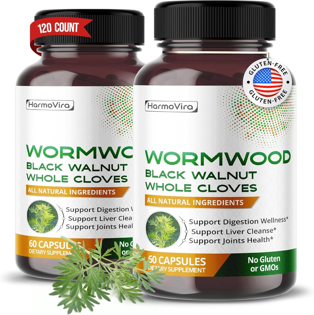 Wormwood Black Walnut Whole Cloves Ginger - Support Digestion Wellness, Liver Cleanse, Joints Health - 120-day Supply - Made in The USA