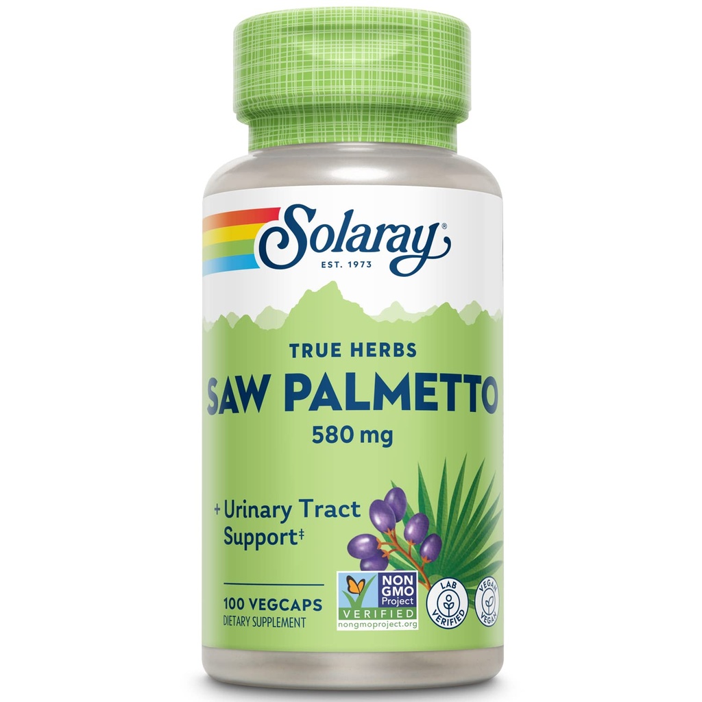 SOLARAY Saw Palmetto Berry 580 mg, Healthy Prostate and Urinary Tract Support from Fatty Acids & Plant Sterols for Men and Women, Non-GMO, Vegan & Lab Verified, 100 VegCaps, 100 Servings