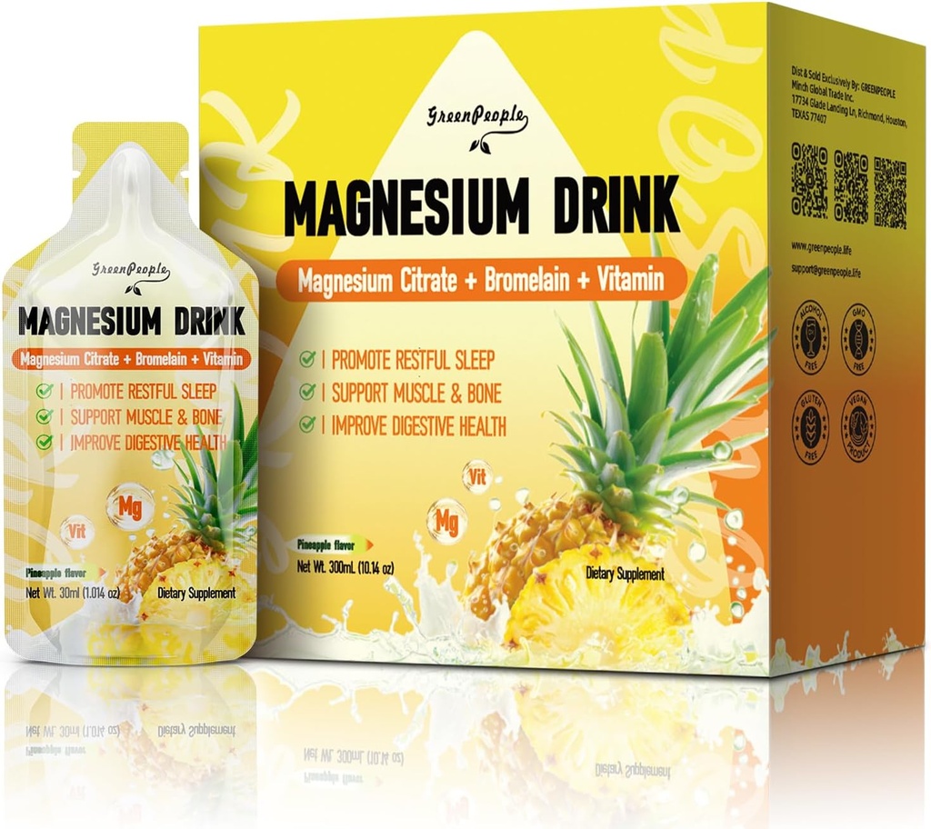 GREENPEOPLE 7-in-1 Citrato de Magnesio Líquido, Citrato de Magnesio Suplementos Beber con 280 mg Magnesio, Zinc, Bromelaina, Vitamina C D3 B6, Muscle &amp; Sleep Support for Kids &amp; Adult, 1 fl.Oz (10Pcs)