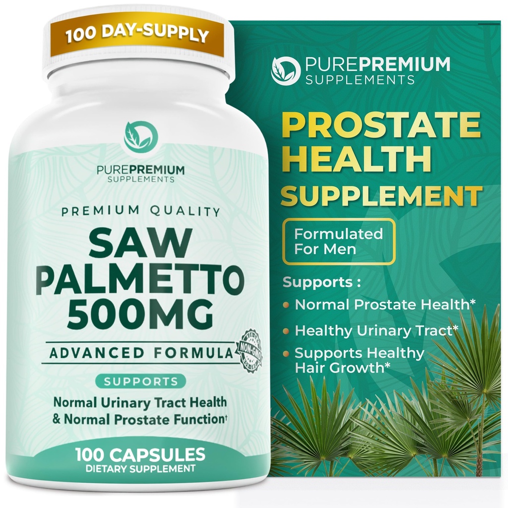 PurePremium Saw Palmetto 500 mg para hombres/mujer – Maximum Strength Saw Palmetto Extract ← Powder Capsules Suplemento - Apoyo Normal Urinary Tract, Prostate Health/Hair - 3 Months Supply - 100 Cuadros