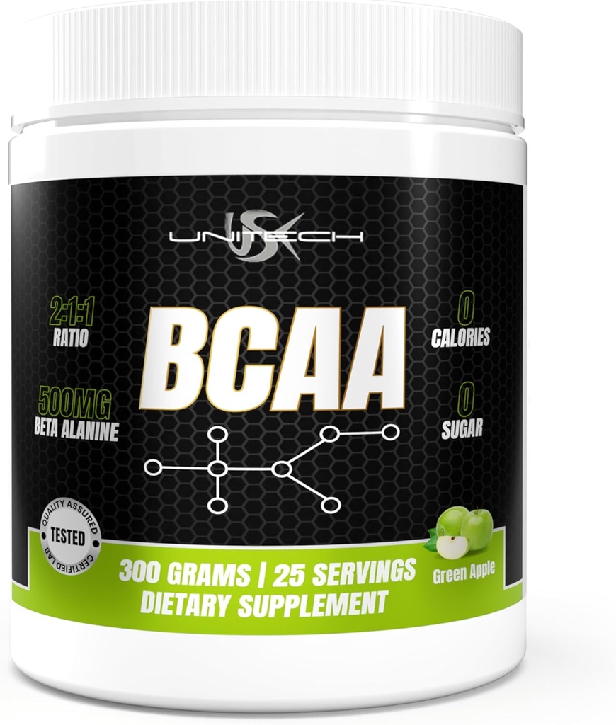 Unitech USK BCAA | Workout Supplement for Muscle Recovery, Endurance Support & Nutrient Absorption | Rich with Vitamin C, B6, Valine, Leucine & Isoleucine | Green Apple Flavor, 300g