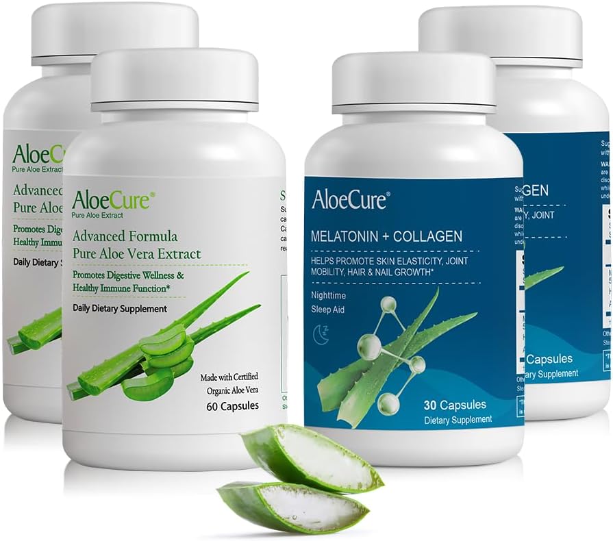 AloeCure Organic Aloe Vera Capsules Pack - 4 Piezas - 2 x Melatonina + Collagen, 2 x Aloe Vera Capsules