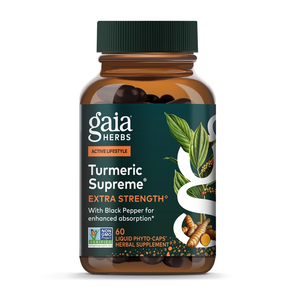 Gaia Herbs Turmeric Supreme Extra Strength - Supports Occasional Discomfort from Normal Wear & Tear* - with Turmeric Curcumin & Black Pepper - 60 Vegan Liquid Phyto-Caps (Up to 60 Servings)