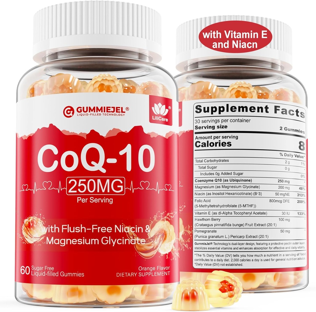 2 Pack - Sugar Free CoQ10 Filled Gummies 250MG, Coenzyme Q10 w/Magnesium Glycinate, Niacin No-Flush Vitamin B3, E & Folic Acid, High Absorption CoQ10 for Hear-t, Cellular Energy & Antioxidant