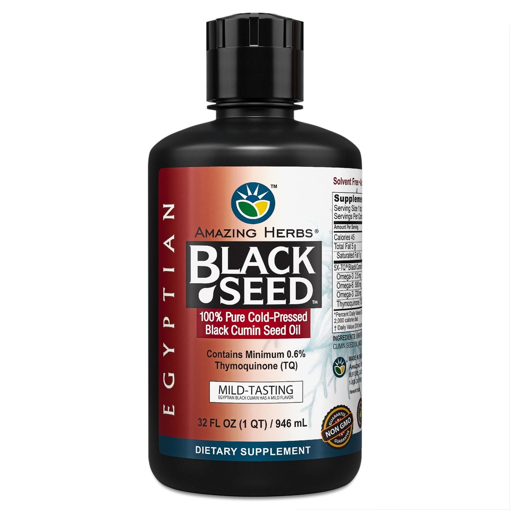 Amazing Herbs Egyptian Black Seed Oil - Gluten Free, Non GMO, Cold Pressed Nigella Sativa Aids in Digestive Health, Immune Support, Brain Function, Mild Flavor - 32 Fl Oz