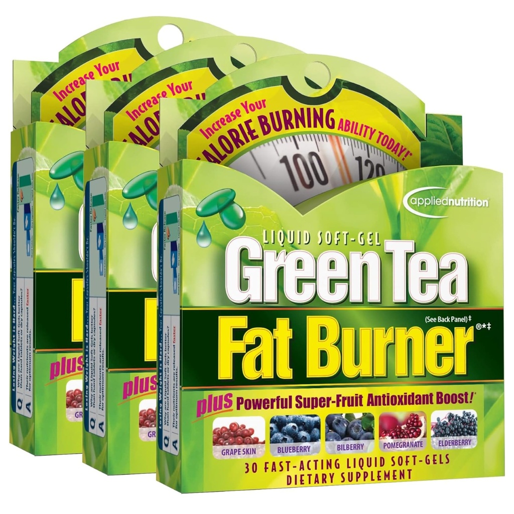 Nutrición aplicada Green Tea Fat Burner - 30 Liquid Soft-Gels, Pack de 3 - Aumenta Calorie Burning &amp; Supplies potentes antioxidantes - 45 Total Servings