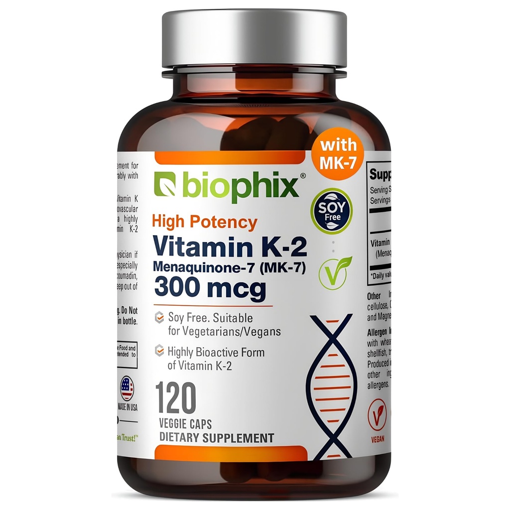 biofijo Vitamina K2 MK-7 300mcg, 120 cápsulas veganas – Suplemento de alta potencia para la fuerza ósea y la salud inmune