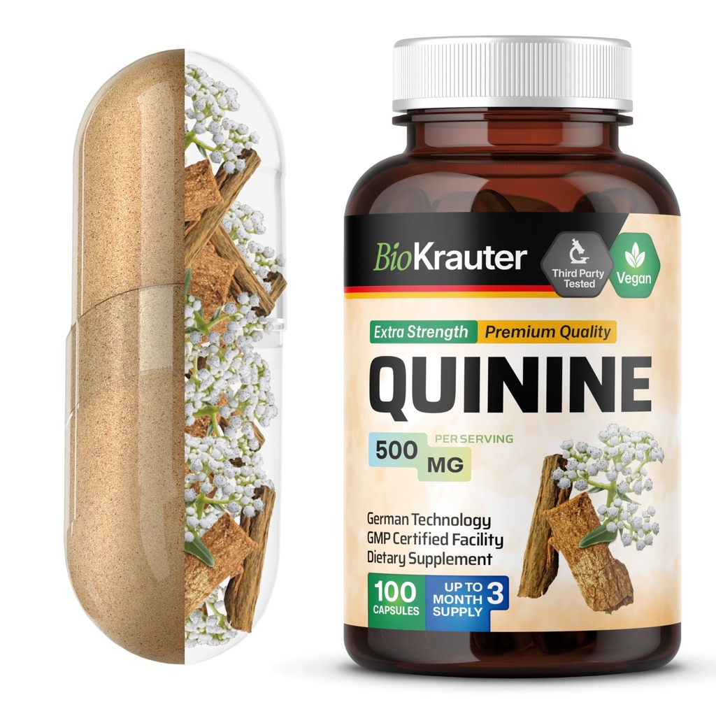 BIO KRAUTER Quinine for Leg Cramps Capsules 500 mg - 100 Count - Cinchona Bark Powder - Quinine Capsules - Vegan, No Fillers
