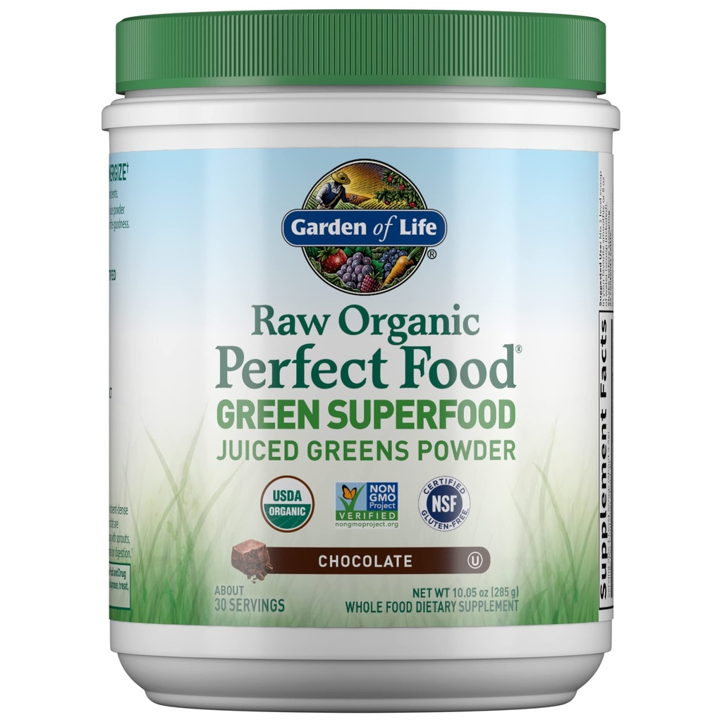 Jardín de la vida cruda comida ecológica perfecta verde superalimentos verdes jugosos Polvo - Chocolate, 30 servidumbres - no GMO, sin gluten, suplemento dietético Vegan entero, además de Probióticos & enzimas