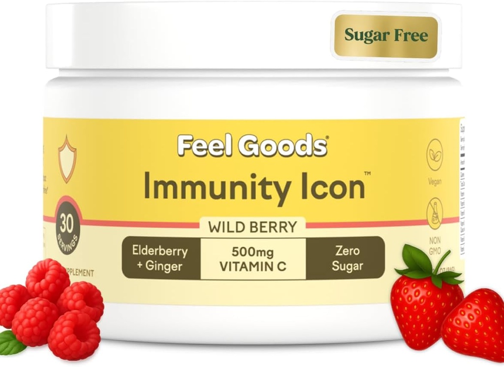 Siente bienes Icono de inmunidad, Azúcar cero, vitamina C, A, B, D, E " Zinc, Elderberry orgánico, Ashwagandha, Mezcla de bebidas Polvo, Vegan, No GMO, Caffeine " Gluten Free ← Berry Wild, 30 Servings