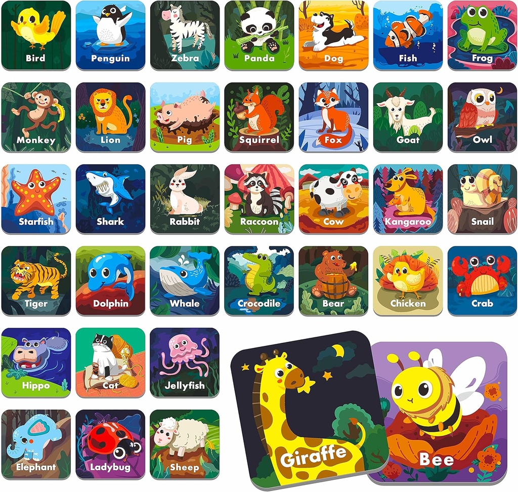 Hebayy 36 Pareja Animal Matching Memory Game Flash Cards for Toddlers, Preschool, Kindergarten and Home. Erasable, Fun &amp; Fast, Travel Friendly, Skill Building. Tamaño 2” x 2”(5 x 5 cm)