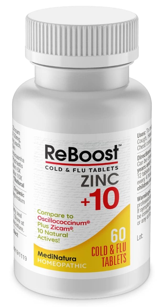 MediNatura ReBoost Zinc +10 MAX Cold & Flu Symptom Relief Fast-Acting, Non-Drowsy Natural Soothing Homeopathic Helps Relieve Whole Body Discomfort, Cough, Fatiga, Congestión - Lemon - 60 Tablets