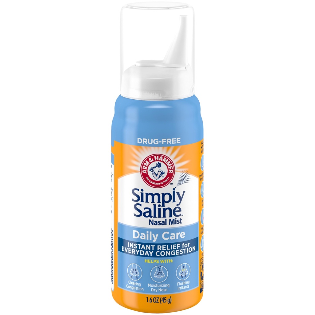 ARM & HAMMER Sencillamente Saline Daily Care Nasal Mist, Drug-Free Non-Drowsy Saline Spray for Instant Nasal Congestion and Allergy Relief, Use tan a menudo como se necesita, Apto para usar si embarazada, 1.6 oz