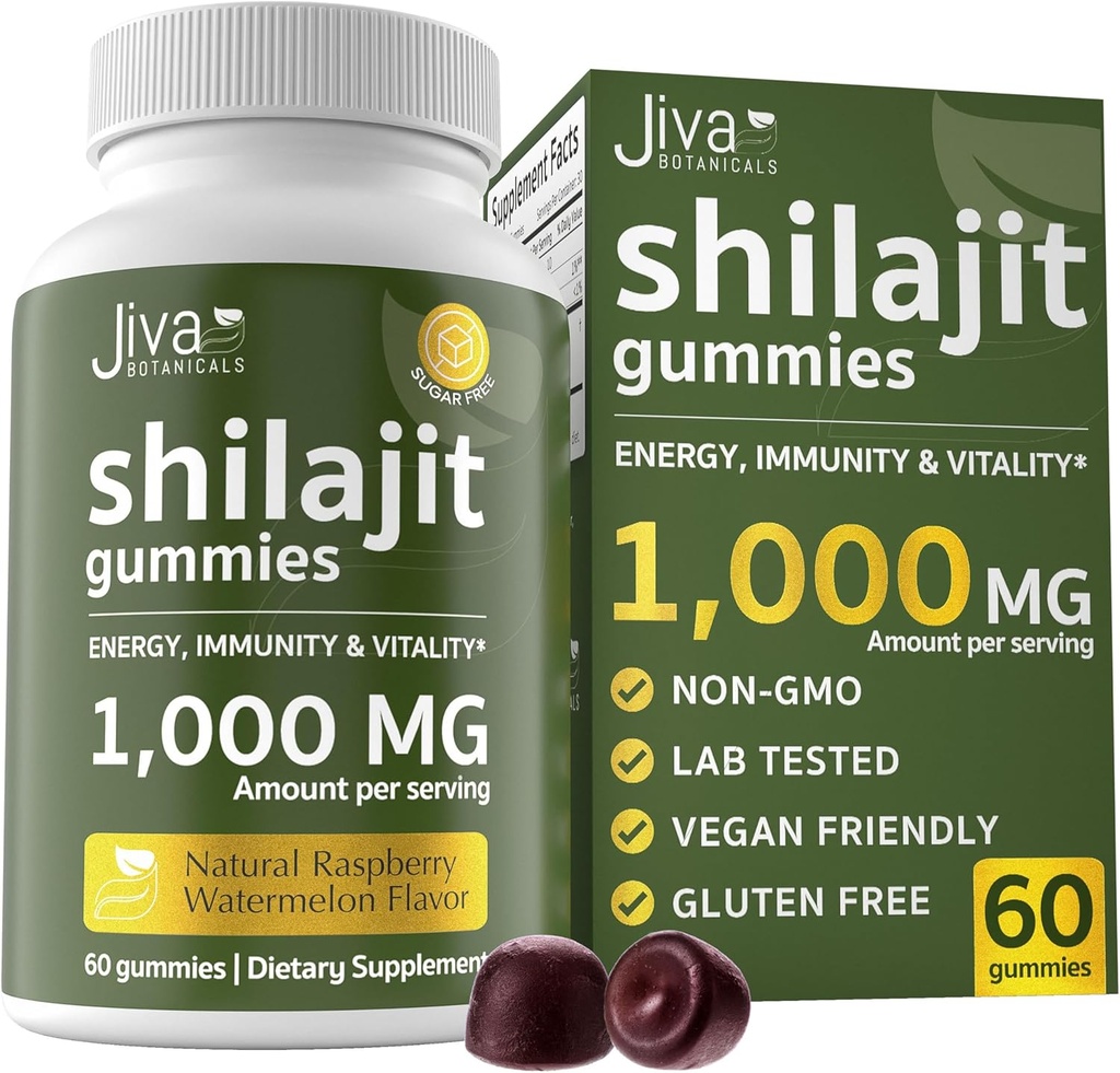 Botánicos Jiva Shilajit puro de las Gummies Himalayas para Hombres &amp; Mujeres - Shilajit Gummies 1000mg para el envejecimiento saludable, sistema inmunológico &amp; soporte energético normal - libre de azúcar, Vegan, 60 Conde (Pack of 1)
