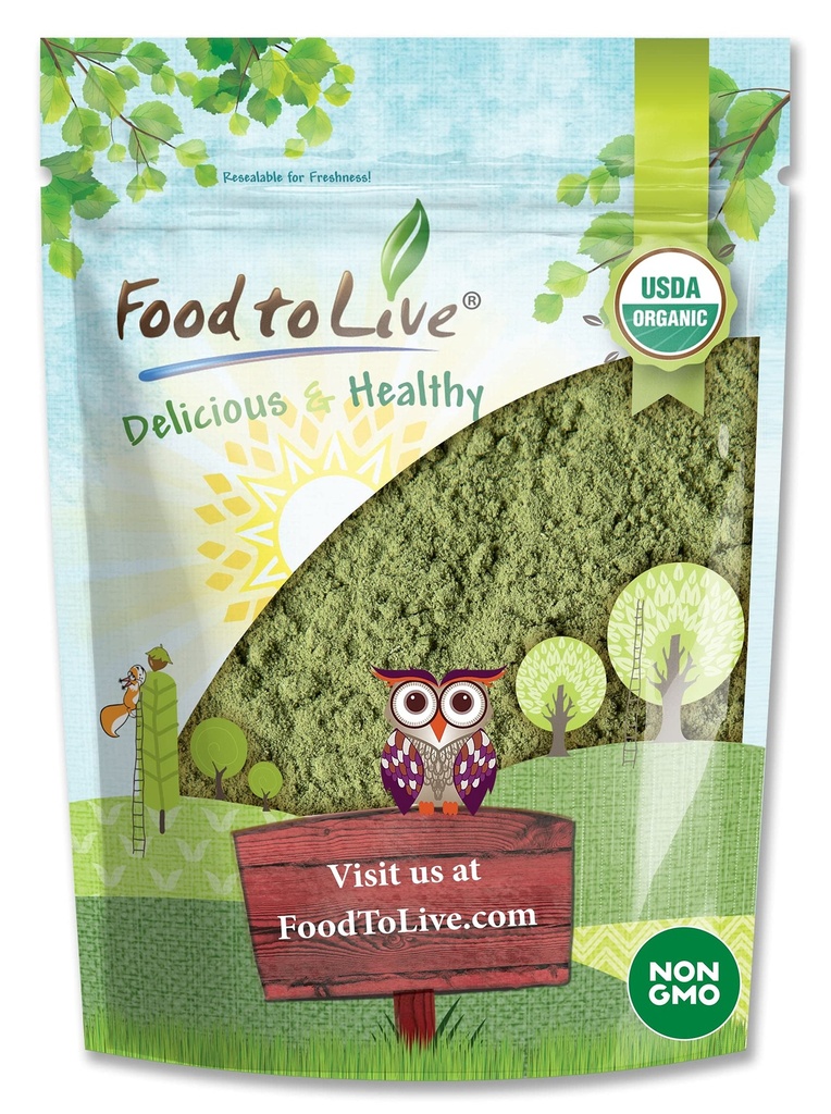 Alimentos para Vivir Orgánica Alfalfa Powder, 1,5 libras - Non-GMO, Raw Dried Whole Young Leaves, Vegan, Grande para Hornear, Jugos, Smoothies, Shakes, Té y Bebidas. Buena fuente de fibra dietética y proteína