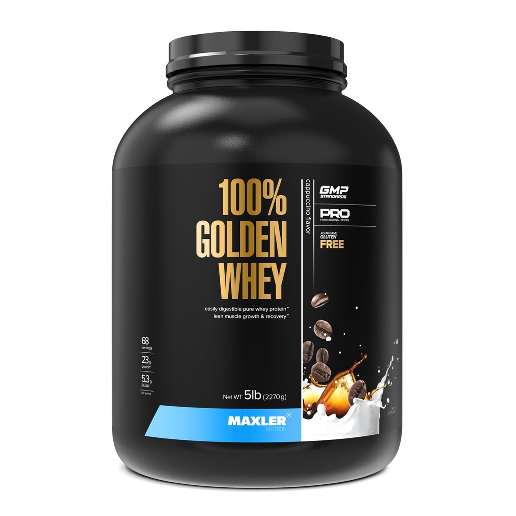 Maxler 100% Golden Whey Protein - 23g de Proteína por Servir - Premium Whey Protein Powder para Pre Post Workout - Fast-Absorbing Whey Concentrate, Isolate & Hydrolysate Blend - Cappuccino 5 lb