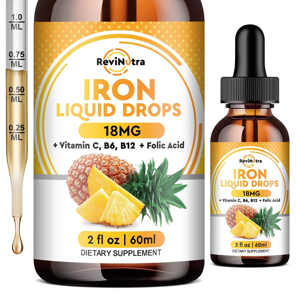 Liquid Iron Supplement for Women, Men & Kids, Liquid Iron Drops with Folate, Vitamin C, B6, B12 for Anemia, Red Blood Cell, Energy Support, Pineapple Flavor, 2 Fl Oz
