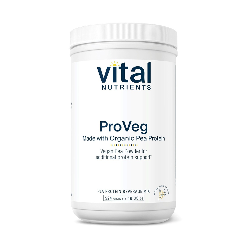 Vital Nutrients ProVeg Organic Pea Protein 524g ← Vegan Pea Protein Powder  23g Protein per Serving  suya Natural Vanilla Flavor ← Gluten, Dairy, Soy Free ← Non-GMO Silencio 16 Servings