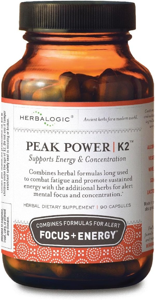 Herbalogic - Peak Power Capsules - Energía natural " Focus - Concentración mental- Contiene Ginseng americano " Astragalus - 90 Cap Count