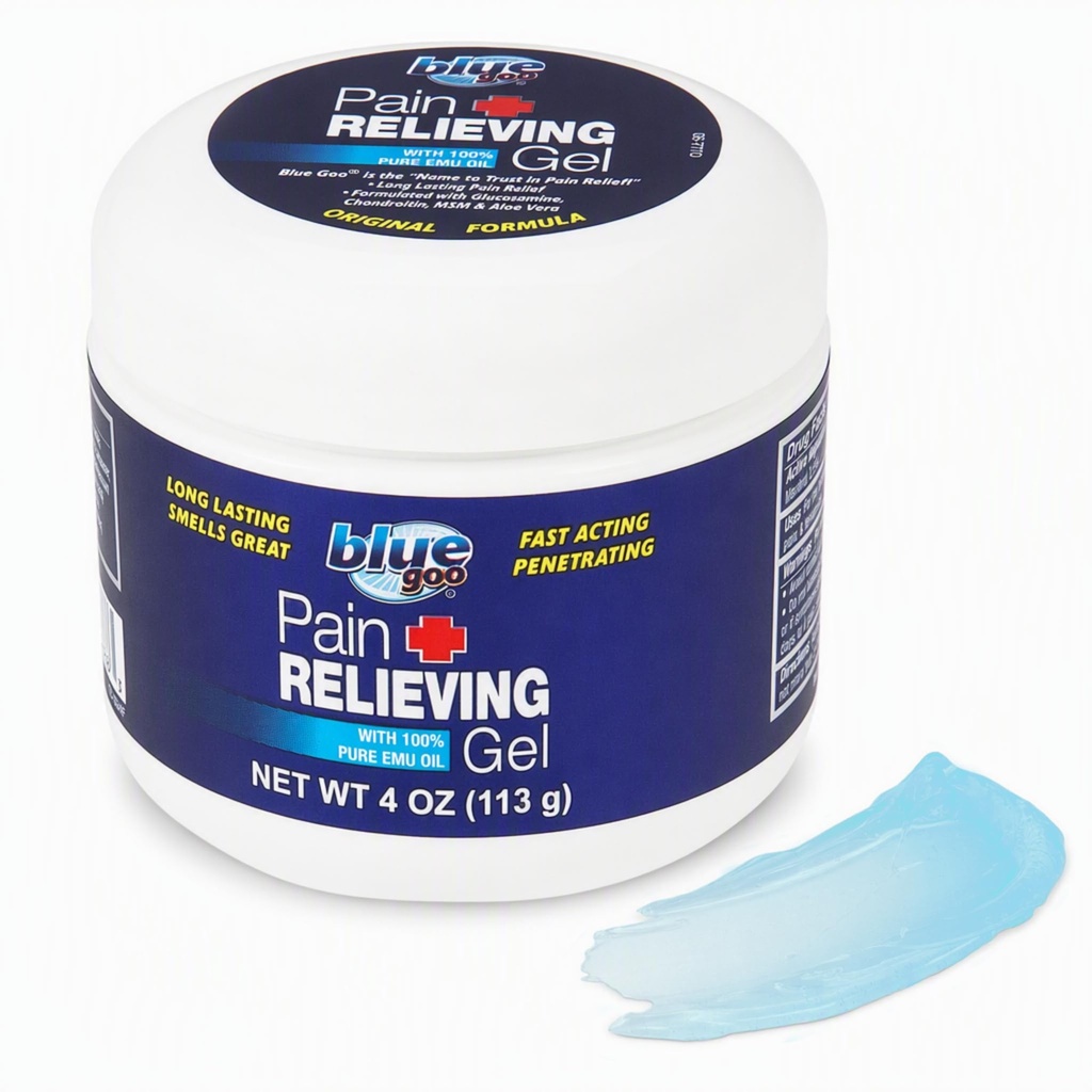 Gel de alivio del dolor de goo azul – Alivio para la espalda, cuello, musculo y dolor conjunto, enfriamiento rápido y calmante Alivio con 100% aceite de emu puro, 4 oz (1 paquete)