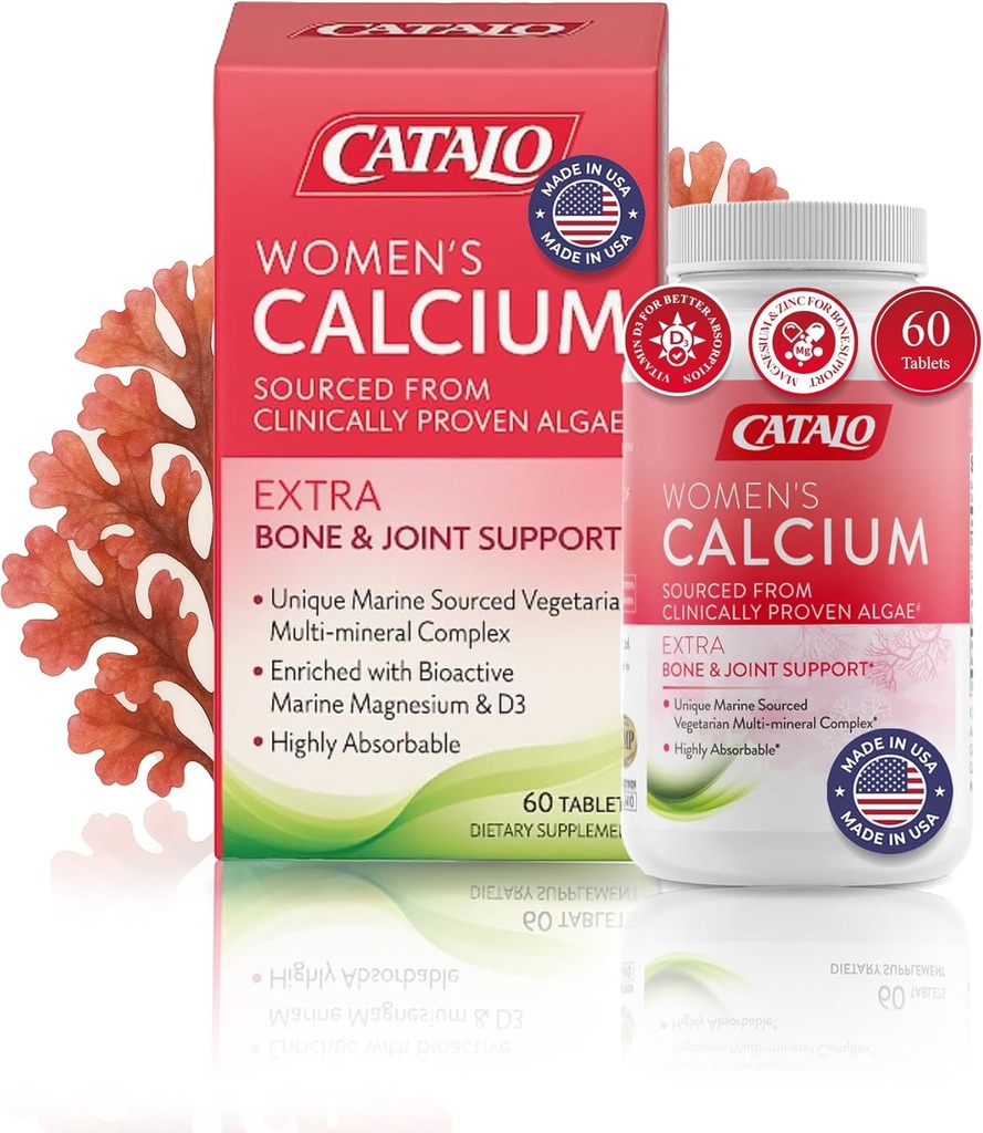 Calcio femenino CATALO con algas rojas AquaminTM - Suplemento de calcio marino de base vegetal con vitamina D3, magnesio y zinc - alta absorción Fórmula - 60 Tabletas