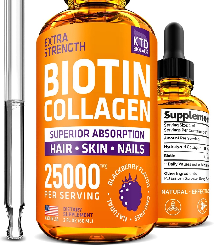 Liquid Collagen and Biotin Drops for Hair Growth 25,000 mcg - Made in USA Collagen & Biotin Vitamins for Hair Skin and Nails - Hydrolyzed Collagen and Biotin Supplement for Women and Men