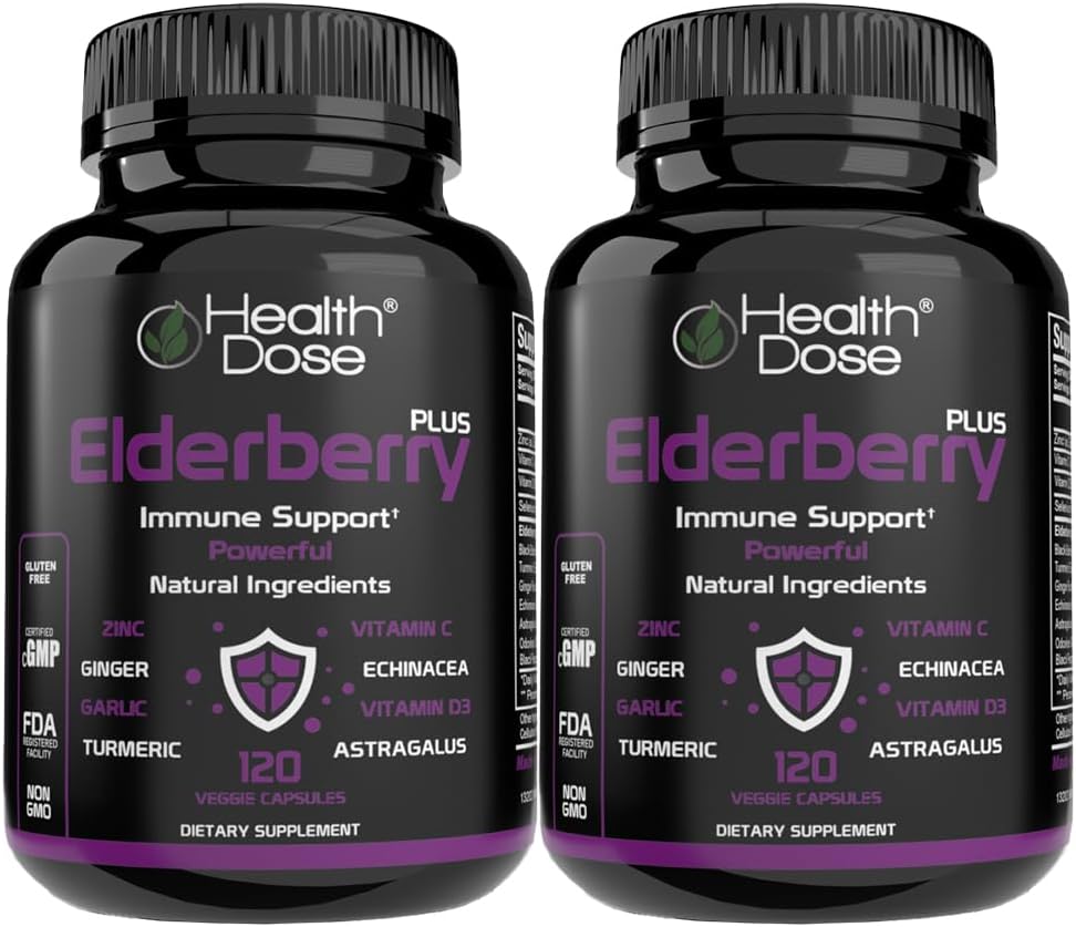 Elderberry más cápsulas de la dosis de salud – Suplemento de apoyo inmune con vitaminas C, D3, zinc, selenio " 11 ingredientes para el bienestar anual de la herida: 120 cápsulas de verduras, 2 meses paquete de suministro de 2