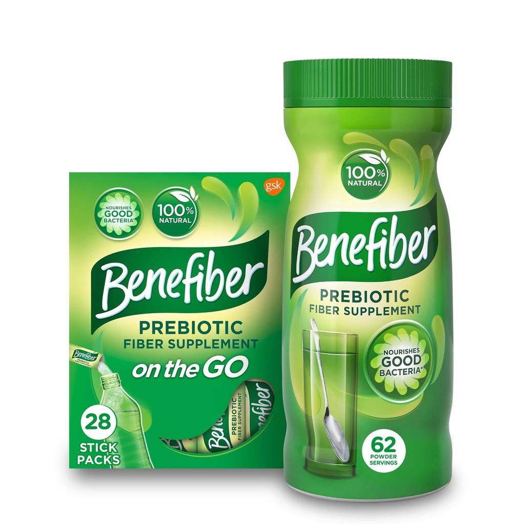Benefiber Daily Prebiotic Dietary Fiber Supplement Powder Stick Packs, 28 Sticks, 3.92 Ounces Each and Benefiber Daily Prebiotic Dietary Fiber Supplement Powder, 62 Servings / 8.7 Ounces