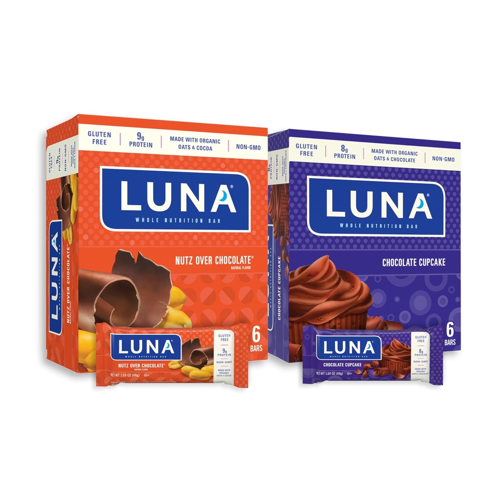 LUNA Bar - Empaquetado de Variedad - Nutz Over Chocolate Cupcake Flavor - Snack Bares - Non-GMO - Bares de proteína sin gluten - Hecho con avena orgánica (12 Pack, 2 Boxes)