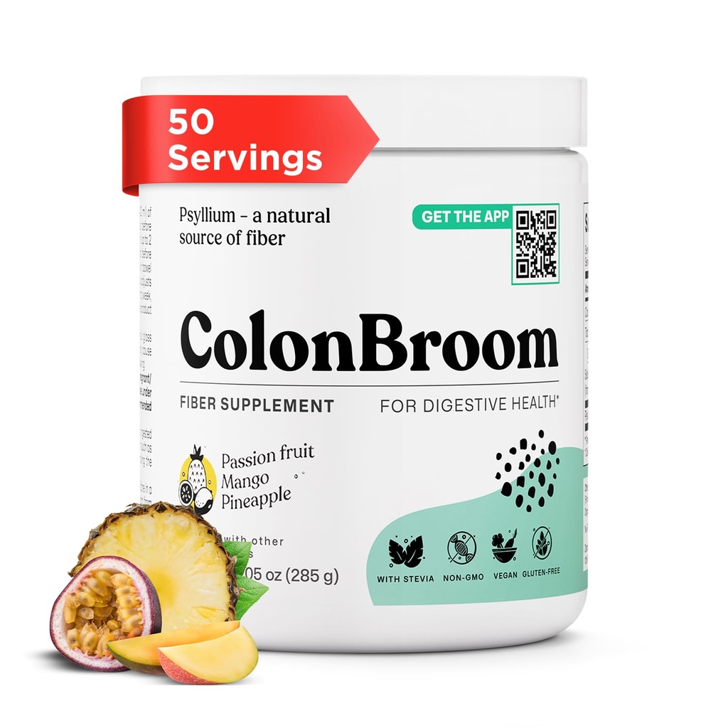 ColonBroom Psyllium Husk Powder con Stevia (frutas tropicales) - Colon Cleanse for Bloating Relief & Gut Health - Colon Broom Fiber Powder Drink - Vegan Fiber Powder Stevia Supplement, 50 Servings
