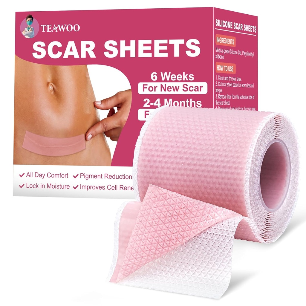 Hojas de cicatrices de silicona,Tapa de cicatrices siliconas para cicatrices quirúrgicas,C-Sección,Turquía de estómago,Retirada de bombas , Tapa facial para arrugas durante la noche (1.6"X 59" Roll-1.5M-Pigment Reduction-Pink)