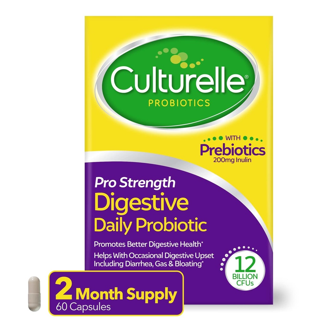Culturelle Pro Strength Daily Probiotics For Digestive Health (2 Month Supply) with Prebiotics for Women &amp; Men, Supports Occasional Diarrhea, Gas &amp; Bloating, Gluten &amp; Soy Free, 60 Count