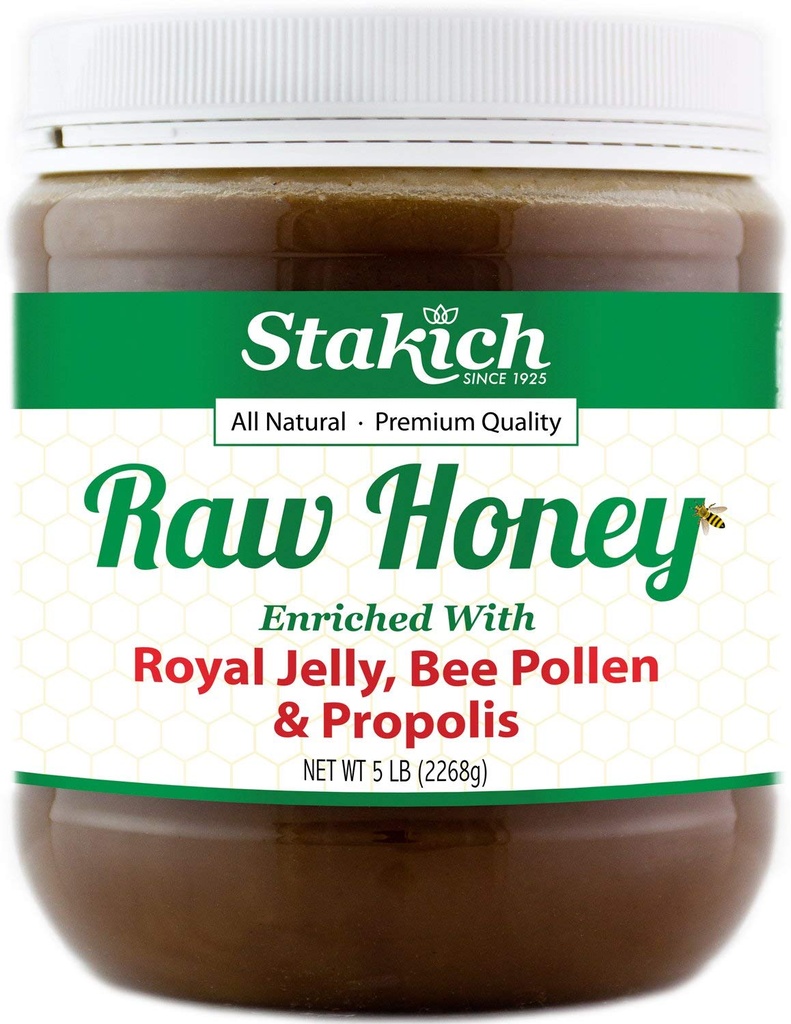 Stakich Royal Jelly, Bee Pollen, Propolis Enriched Raw Honey - Pure, Unprocessed, Unheated - 5 libras (80 onzas)