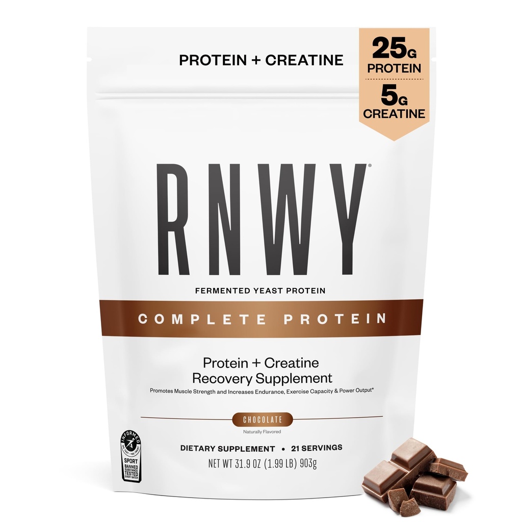 Proteína completa RNWY, 25g de levadura Proteína + 5g de crema Monohidrato, Vegano, sin lácteos, certificado de deporte informado, recuperación posterior al ejercicio para atletas de resistencia, chocolate, 21 piezas