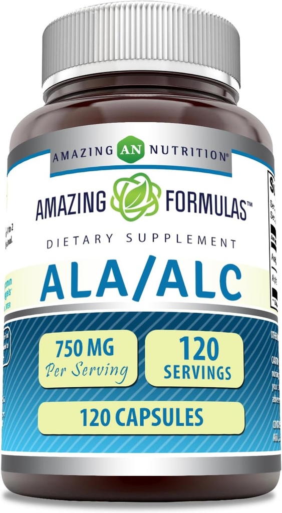 Fórmulas Asombrosas ALA/ALC (Alpha Lipoic Acid/Acetyl L-Carnitine) Suplemento Silencio 750 Mg Por Serving  Capsules ← Non-GMO TEN Gluten-Free TEN Made in USA (1 Pack, 120 Count)
