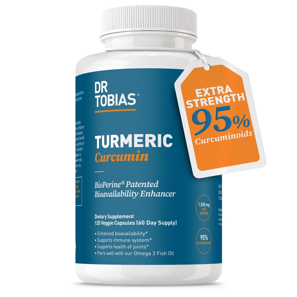Dr. Tobias Turmeric Curcumin 1500mg with BioPerine – Extra Strength Supplement with 95% Curcuminoids for Joint Support, Overall Vitality & Immune Health, 120 Vegan Capsules, Non-GMO