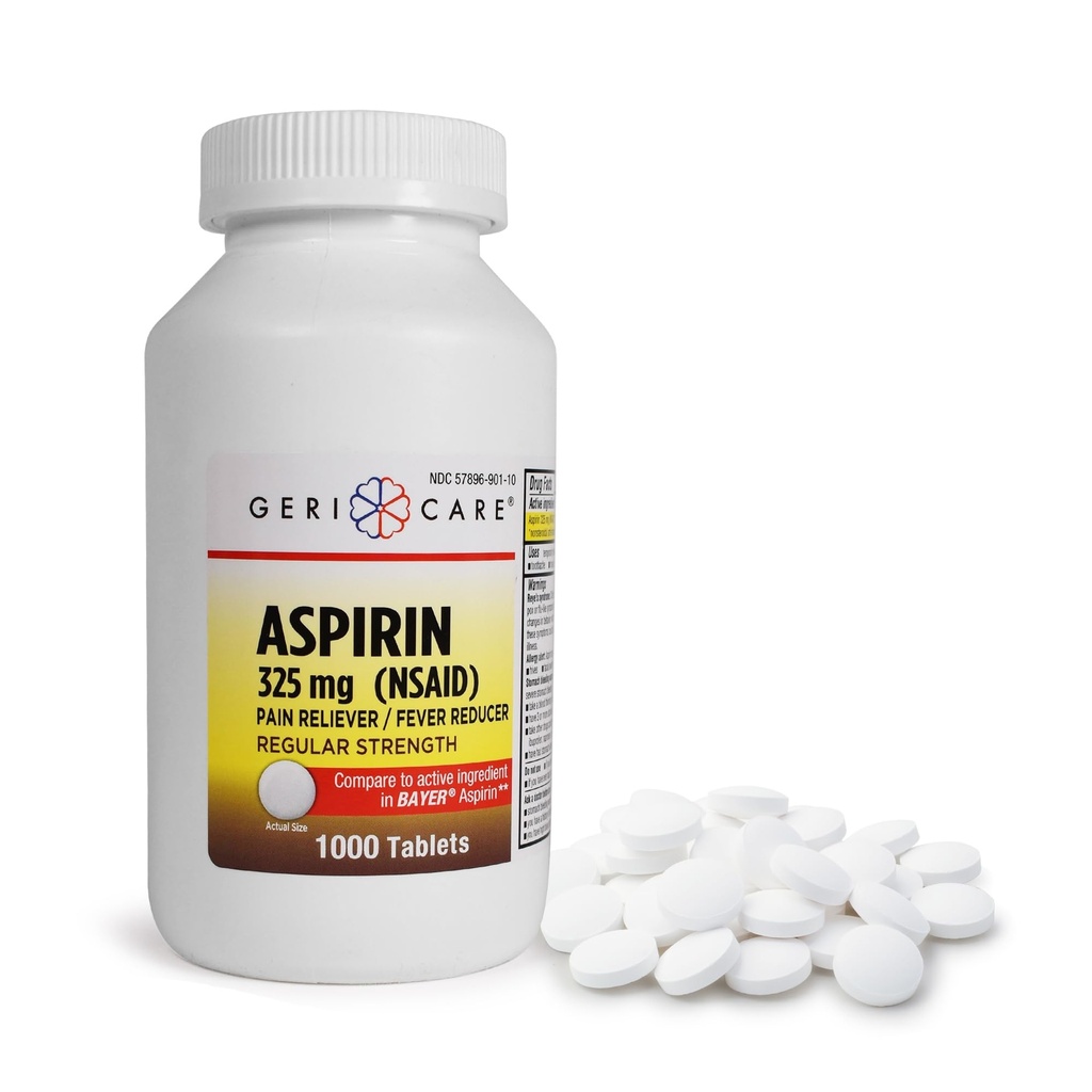 GeriCare Aspirin Tablets 325mg - Pain Reliever and Fever Reducer Uncoated Aspirins for Adults & Kids 12+ (NSAID) Great for Headache, Toothache, Arthritis, Menstrual & Muscle Pain (Bottle of 1,000)