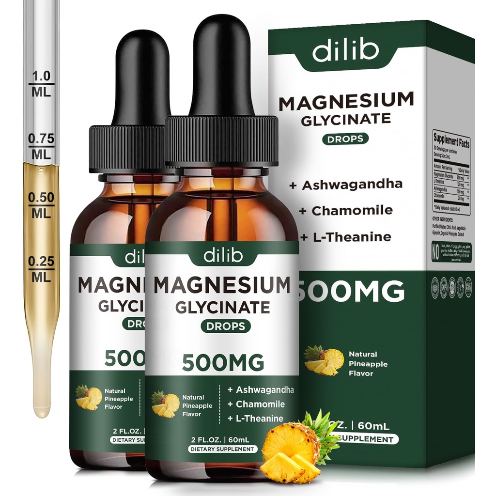 (2 Pack) Magnesium Glycinate Suplemento, Magnesium Liquid Drops with Magnesium Glycinate 500mg Ashwagandha, L - Theanine, Chamomile -Apoyos Optimal Calm Sleep Vegan