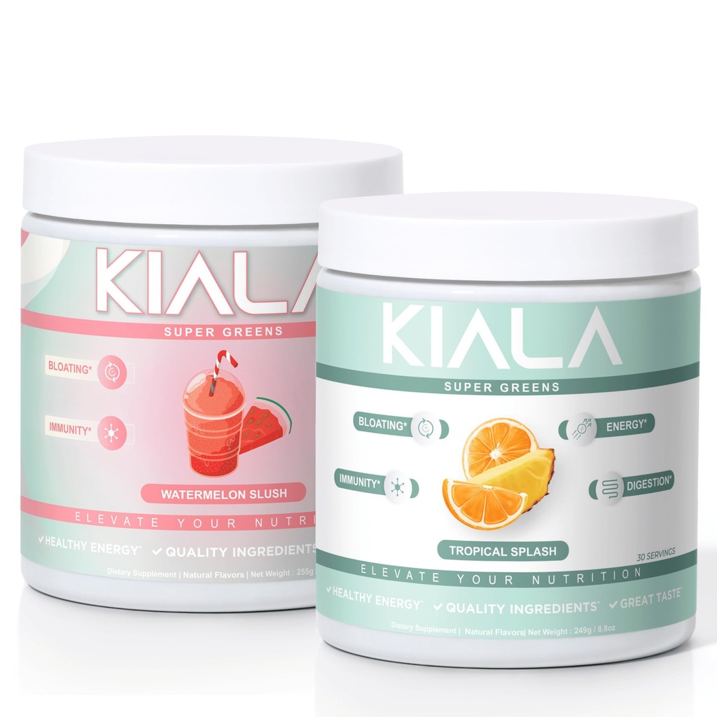 Kiala Nutrition Super Greens, Orgánica Greens Powder, Spirulina & Clorella Superfood Powder, Azúcar " Gluten Free Vegan, Spectra Blend, Watermelon " Tropical Slush 2 Pack
