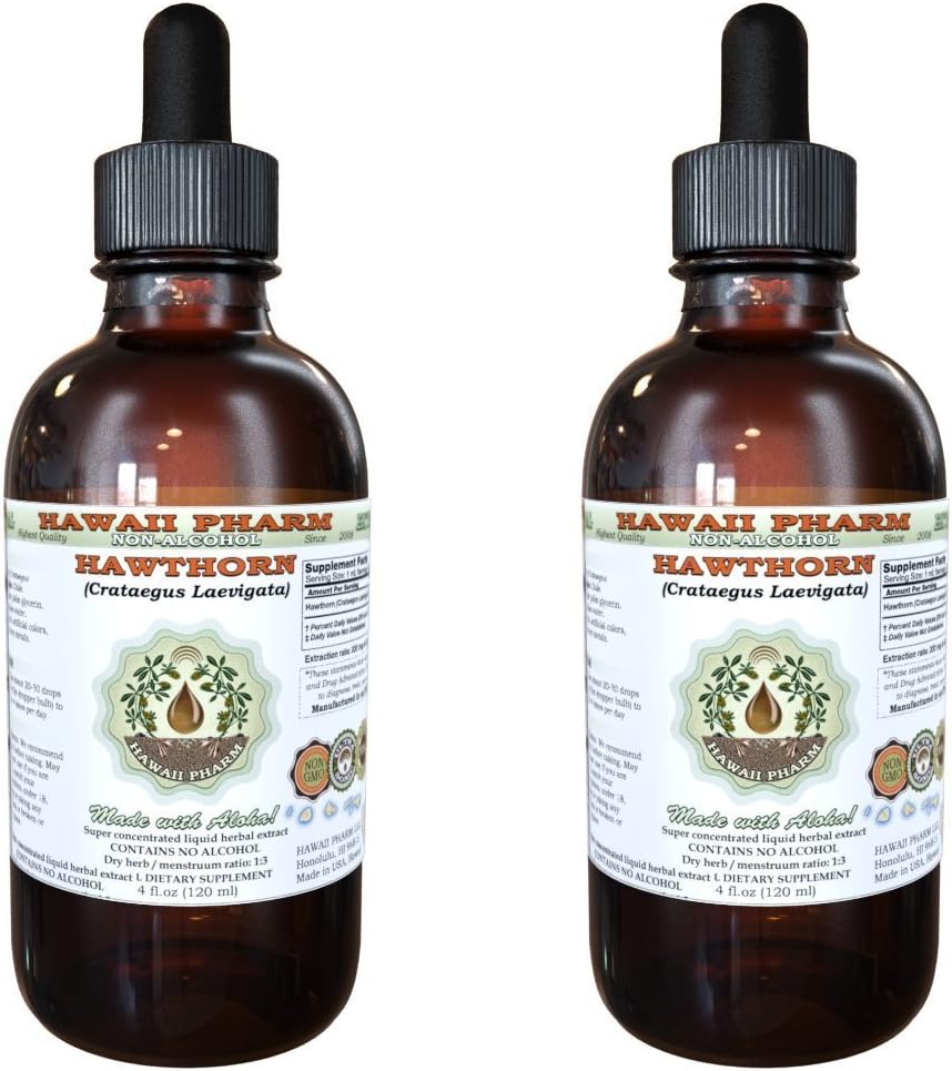 Hawaii Pharm Hawthorn Extract líquido libre de alcohol, Hawthorn (Crataegus Laevigata) Leaf seco y glicerito de flores Natural Herbal Suplemento 2x4 oz