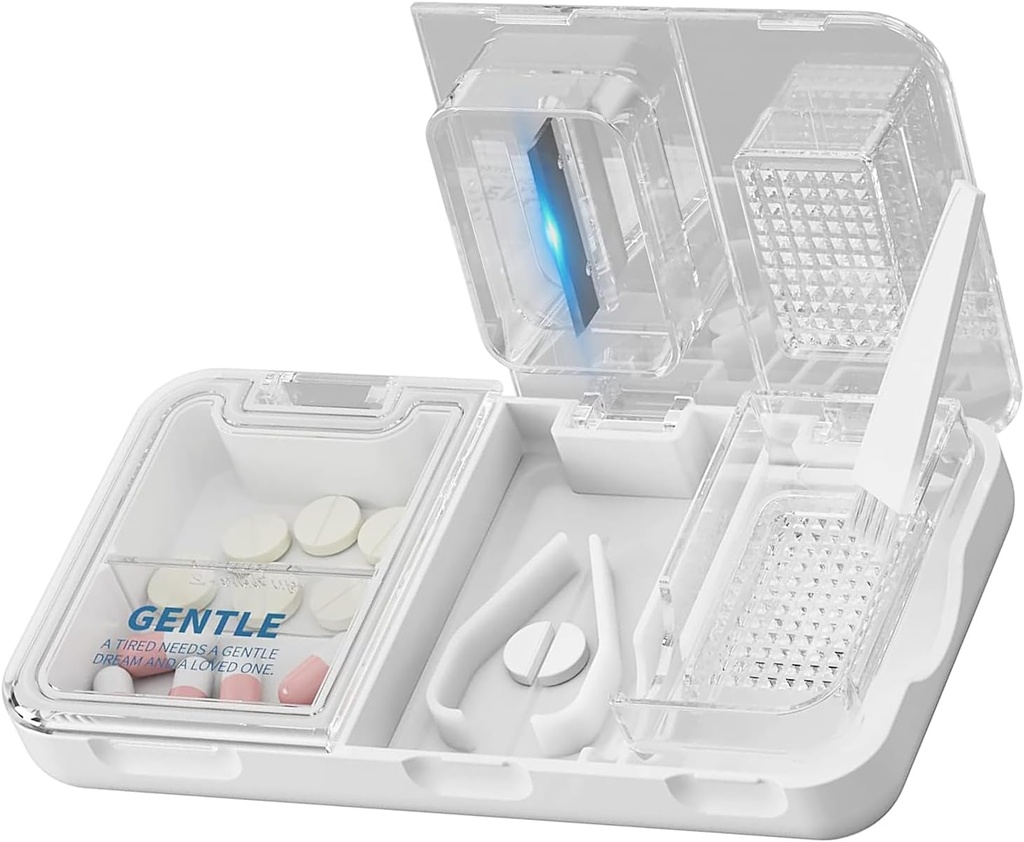 CFMOUR 3-in-1 Pill Cutter Splitter for Small and Tiny Pills, Crusher, Grinder for Large, Daily Usage, Safely Cut Pills, Vitaminas, Tablets, Accurate and Easy Cutting, Travel Sized, White