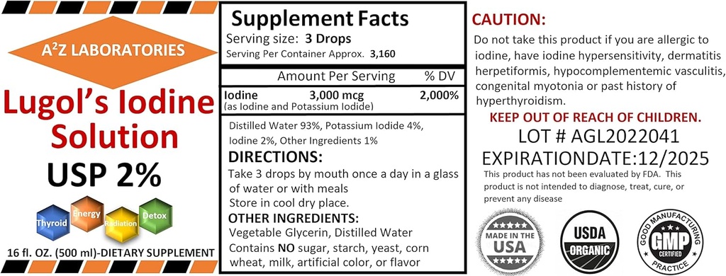 A2Z Ioduro de Lugol ecológico y Potasio 2% Solución 3000 mcg - Suplemento líquido gotas para soporte tiroideo para hombres, Metabolismo Salud, Detox Boost -16 Fl Oz/USA/Ships Hoy! (2 PK)