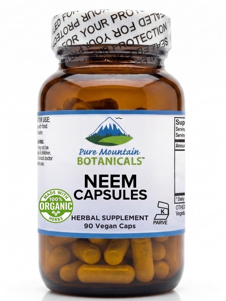 Pure Mountain Botanicals Neem Capsules - 90 Kosher Vegan Caps con 500mg orgánico Neem Leaf Suplemento