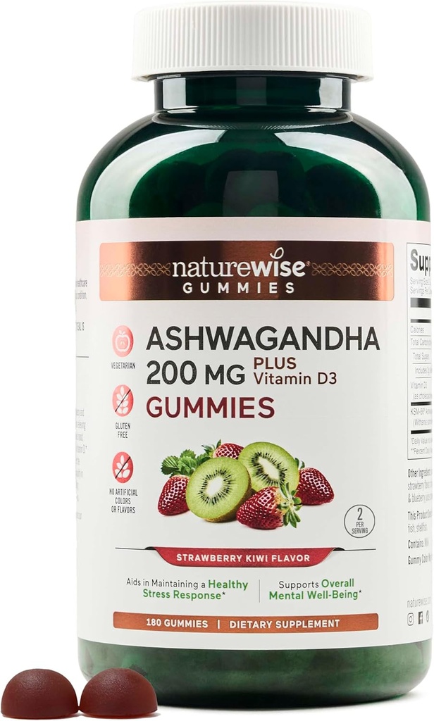 NatureWise Ashwagandha Gummies - Strawberry Kiwi - KSM-66 with Vitamin D3 - Calming Mood Support - Vegetarian - Non-GMO, Gelatin and Gluten Free - 180 Count[3-Month Supply]