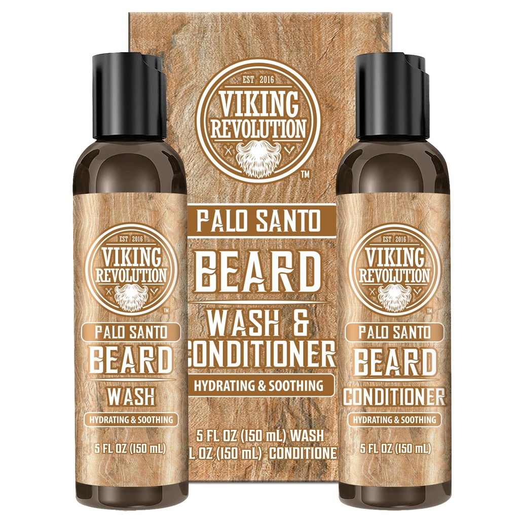 Vikingo Revolucion Beard Wash and Beard Conditioner for Hombres with Argan Oil and Jojoba Oil - Beard Softener and Strengtheninger Beard Care Beard Shampoo and Conditioner with Ginseng Root (5oz, Palo Santo)