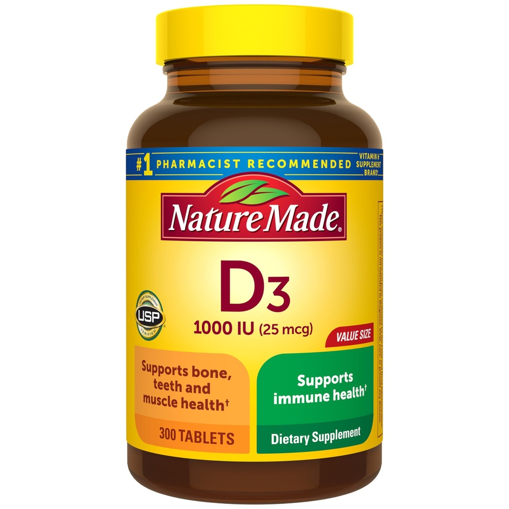 Nature Made Vitamin D3 1000 IU (25 mcg), Vitamin D Supplement for Bone, Teeth, Muscle and Immune Health Support, 300 Tablets, 300 Day Supply